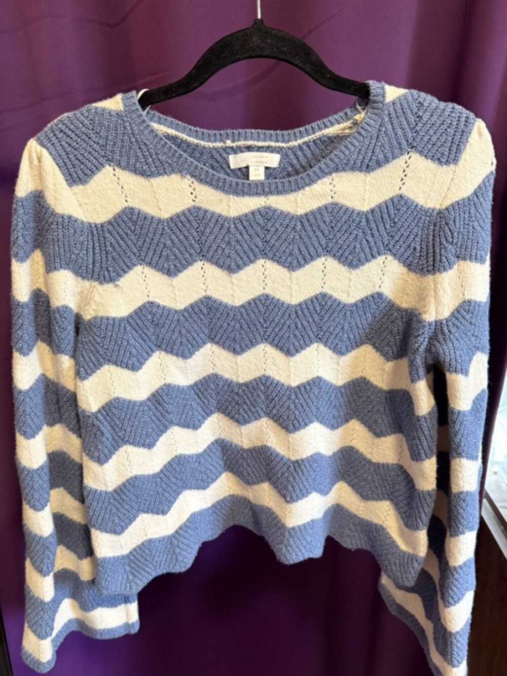 Striped Blue and White Knit Sweater with Wide Flare Sleeves